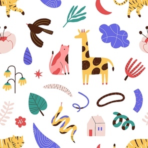 Seamless pattern with contemporary art abstract doodle objects. Backdrop with various animals, plants, modern decorative trendy shapes. Flat vector cartoon illustration isolated on white background.