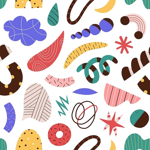 Abstract colorful doodle scrawl seamless pattern. Trendy elements and objects - curves, dots, spots, stars, scribbles vector flat illustration. Decorative cute geometric shapes.