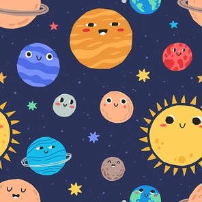 Cute smiling planets in outer space seamless pattern. Repeatable childish background with funny faces of celestial objects. Flat vector cartoon illustration of solar system.