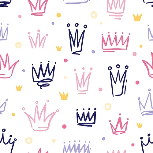 Seamless pattern with cute doodle queen or princess crowns in childish style. Hand drawn girly  with royal symbols. Vector cartoon illustration isolated on white.