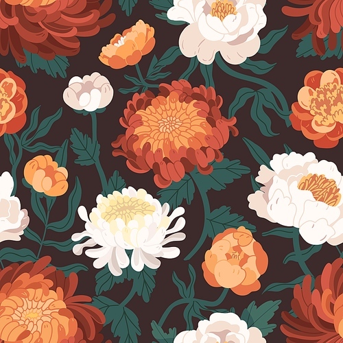 Realistic blooming peonies and chrysanthemums seamless pattern. Bright elegant flowers with buds, petals and branches vector illustration. Blossom botanical wallpaper template decorative design.