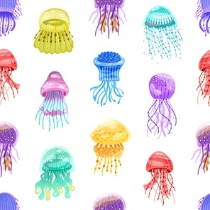 Seamless pattern of motley gradient jellyfish. Swimming glowing colorful medusa on repeatable background for textile. Flat vector cartoon textured illustration of ocean underwater inhabitants.