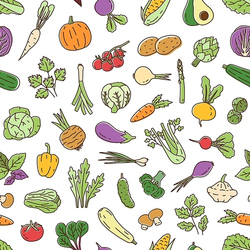 Colorful natural seamless pattern with vegetables and salad greens. Line art background with healthy organic products. Repeatable backdrop with veggies. Vector linear illustration.