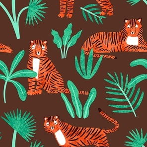 Cute tiger with tropical plants seamless pattern. Childish hand drawn predator animal lying, sitting and standing at jungle vector flat illustration. Striped feline with leaves wallpaper template.