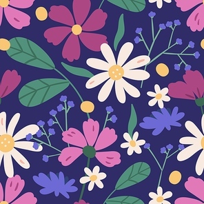 colorful floral seamless . endless natural botanical background with blooming meadow flowers for fabric or wallpaper. vector wildflowers illustration, decorative textile  in flat style.