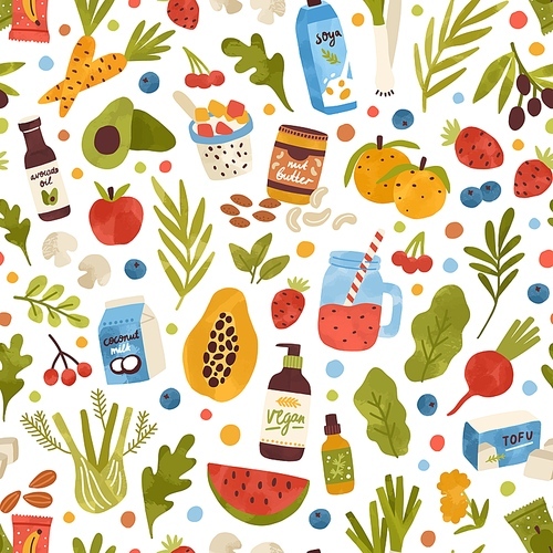Colorful hand drawn vegan food, drink and herbs seamless pattern. Vegetables, fruits, berries, cosmetics and beverage vector flat illustration. Bio nutrition and care products for eco lifestyle.