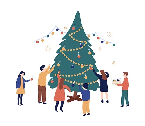 Group of friends decorating Christmas tree together vector flat illustration. Happy men and women hanging toys and garland on fir isolated on white. People during Xmas or New Year holiday preparation.