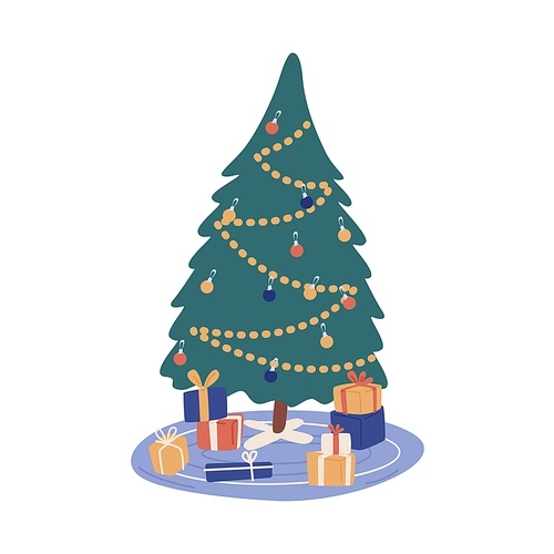 Xmas tree decorated with festive baubles and garland. Colorful wrapped new year gifts lying under christmas spruce. Flat vector cartoon illustration of celebratory pine isolated on white.