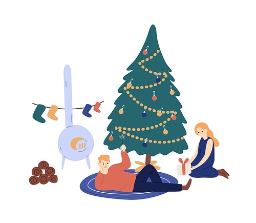 Couple spending time together at Xmas eve vector flat illustration. Woman open gift box near Christmas tree, man lying near wood stove isolated. Pair relax at cozy home during winter season holidays.