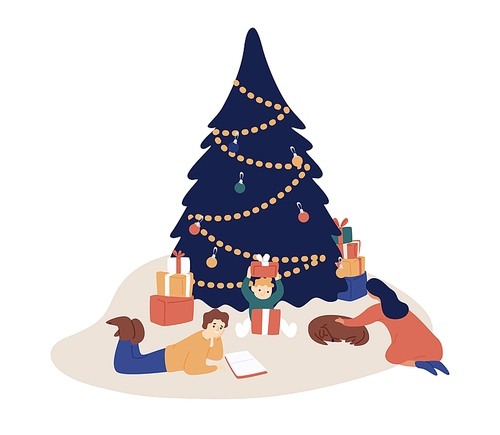Happy family spending time together at Xmas eve vector flat illustration. Mother, father, son and dog enjoying winter season holiday atmosphere near Christmas tree isolated on white.