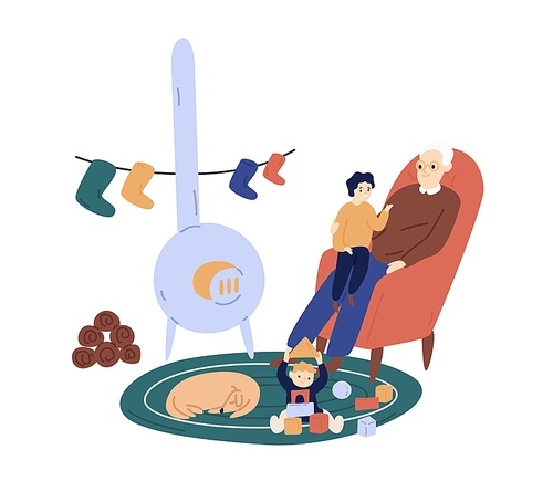 Grandfather spend time with grandchild at Christmas eve vector flat illustration. Family talking and playing toy cubes together near wood stove isolated. Cozy atmosphere of winter holiday season.