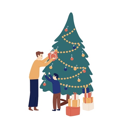 Father giving festive gift box to cute little son near Christmas tree vector flat illustration. Family celebrating winter seasonal holiday together isolated. Parent making present to male child.