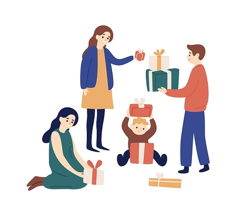 Family members or relatives exchanging festive gift boxes vector flat illustration. Smiling man, woman and child giving presents to each other isolated. Celebrating Christmas or holiday together.
