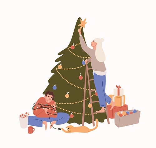 Happy couple decorating Christmas tree vector flat illustration. Woman putting on star to the top of spruce. Man wrapped in garland playing with cat isolated. Preparing for holiday celebration.