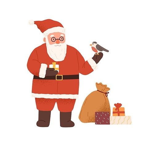 Cute bearded Santa Claus holding giftbox and bullfinch bird vector flat illustration. Father Frost with heap and sack of presents isolated on white. Festive Christmas character in red costume.