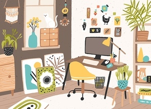 Colorful room interior of artistic person vector flat illustration. Apartment with creative workplace, computer, pictures, houseplant and cat. Workspace or domestic studio with cosiness elements.