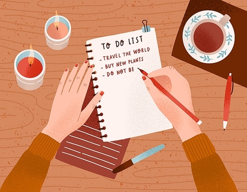 Desk with candles, a cup of coffee on it and woman's hands writing plan in notebook. Person filling to do list with goals and aims. Colorful vector flat cartoon top view illustration.