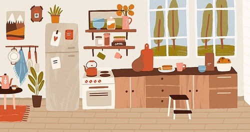 Cozy rustic hand drawn kitchen interior vector flat illustration. Colorful stove, wooden table, cooking utensils and decorative elements. Inside panorama of cuisine at residential house.