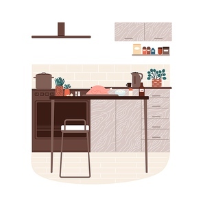 Modern kitchen minimalistic interior vector flat illustration. Comfortable cooking area with ingredients for dinner at table isolated. Empty furnishing home culinary room with chicken and spices.