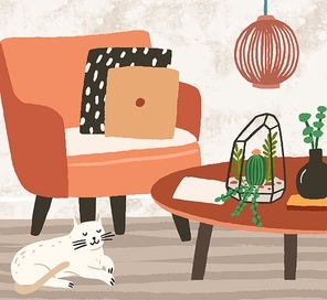Cozy room interior with comfortable armchair and pillows on it. Sleeping cat near modern coffee table with houseplant in vase and florarium. Hygge design. Vector textured illustration in flat style.