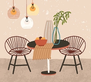 Interior design of cozy dining room with modern furniture and lamps above round table with vases and tablecloth on it. Flat vector textured illustration of hygge home decor in scandinavian style.