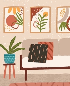 Cozy living room interior design with comfortable couch with pillows, cute posters on the wall and houseplant. Colorful modern hygge style lounge. Flat vector cartoon illustration.