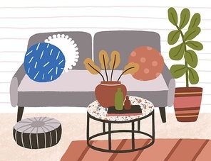 Comfortable lounge in scandinavian style with sofa, pouf, coffee table and houseplant. Cozy trendy living room interior. Modern hygge design. Flat vector textured illustration.
