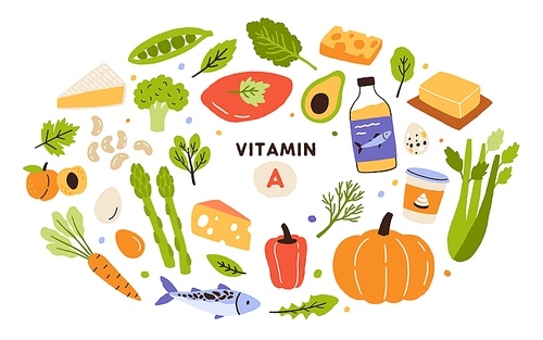 Collection of vitamin A sources. Healthy food containing carotene. Dairy products, greens, vegetable, fruits, fish. Dietetic organic products, natural nutrition. Flat vector cartoon illustration.