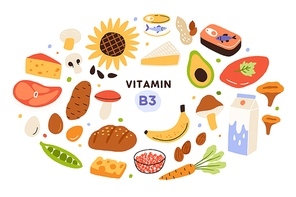 Collection of vitamin B3 sources. Food containing niacin. Banana, mushrooms, nuts, avocado, dairy products, etc. Dietetic nutrition, organic natural products. Flat vector cartoon illustration.