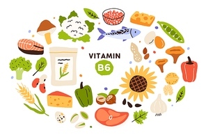 Collection of vitamin B6 food, sources. Nuts, mushrooms, fish and meat, vegetables, eggs, cereals. Dietetic products, organic nutrition. Flat vector cartoon illustration isolated on white background.