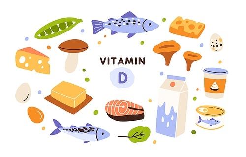 Collection of vitamin D sources. Food enriched with cholecalciferol. Dairy products, fish, mushrooms and eggs. Dietetic organic nutrition. Flat vector cartoon illustration isolated on white.
