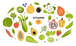 Collection of vitamin K sources. Fruits, green vegetables and berries. Dietetic products, natural organic nutrition. Flat vector cartoon illustration isolated on white background.