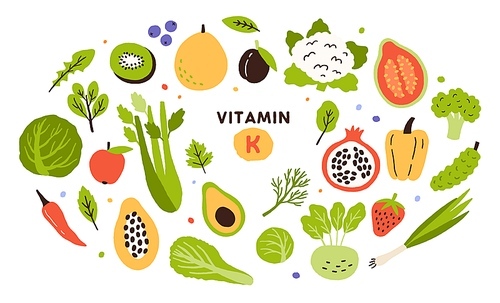 Collection of vitamin K sources. Fruits, green vegetables and berries. Dietetic products, natural organic nutrition. Flat vector cartoon illustration isolated on white .