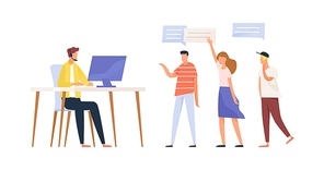 Concept of call center service, questions processing. Group of people asking customer support specialist, smm manager. Man in headset sitting at desk. Vector illustration in flat cartoon style.