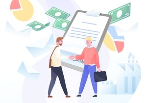 Businessmen meeting, sign of contract. Concept of business cooperation, partnership, startup investment. Partners shaking hands. Vector illustration in flat cartoon style.