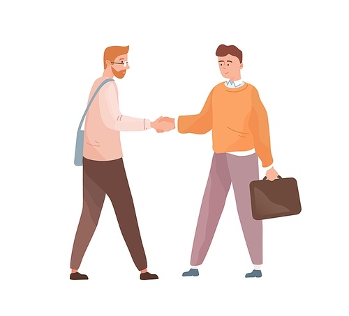 Adult people shaking hands isolated on white . Businessmen cooperation. Employee and employer acquaintance. Partners deal and agreement. Flat vector cartoon illustration.