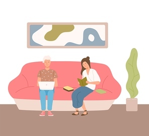 Couple spending time at home sitting on couch vector flat illustration. Woman reading book. Man surfing internet or working use laptop. Pair enjoying weekend at comfy interior.