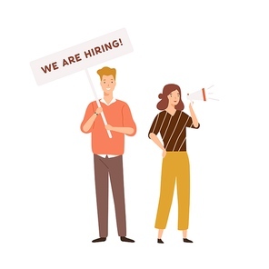 Male and female HR managers announce vacancy, carry placard with inscription we are hiring and talk to megaphone vector flat illustration. Head hunting, recruitment or searching employee isolated.
