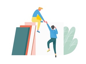 Concept of mutual ascending, support and teamwork between partner or coworker. Leader help newcomer to climb career ladder. Work relations between colleagues. Flat vector cartoon illustration.