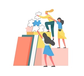 Concept of mutual partnership or teamwork between partners or coworkers. Team of women help each other to climb career ladder. Flat vector illustration of supporting characters isolated on white.