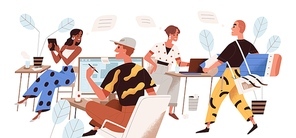 Happy people working at creative design agency office concept. Diverse men and women at studio workplace on white background. Collaboration of creators. Flat vector illustration on white background.