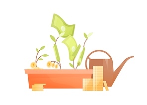 Concept of investment evolving business, financial development. Growing money tree with cash and coin stack. Capital boost metaphor. Flat vector cartoon illustration isolated on white background.