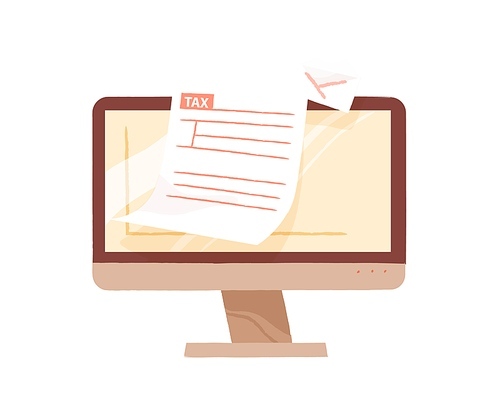 Monitor of computer demonstrate open email with tax form blank vector flat illustration. Online personal taxation, income or revenue calculation isolated. Internet banking or payment service.