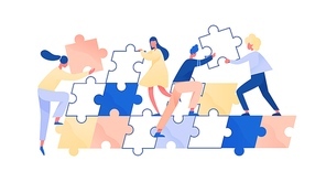 People assembling giant jigsaw puzzle together. Concept of teamwork and employee cooperation. Colleagues support and help. Team challenge. Flat vector cartoon illustration isolated on white.