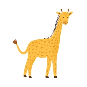 Smiling funny giraffe in simple scandinavian childish style. Cute african savannah animal isolated on white . Flat vector cartoon textured illustration.