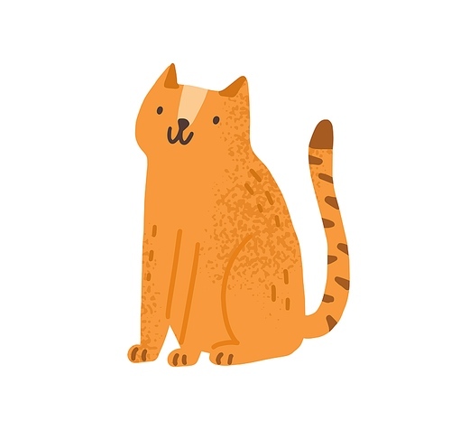 Childish cute cat in simple scandinavian style. Flat vector cartoon textured illustration of ginger kitty. Lovely kitten isolated on white . Funny friendly domestic animal, sitting pet.