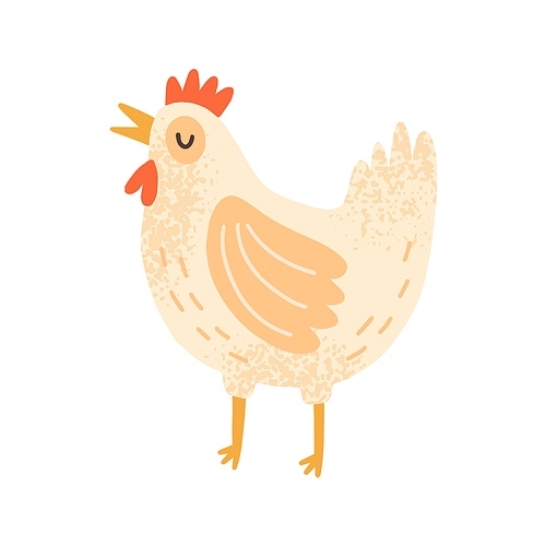 Childish cute cock in simple scandinavian style. Flat vector cartoon textured illustration of lovely rooster. Adorable hen isolated on white .
