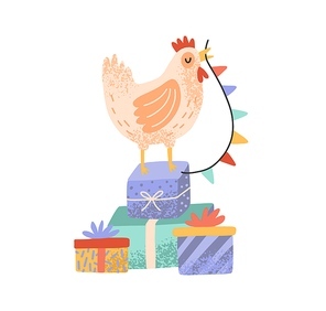 Celebratory rooster standing on pile of gift boxes and holding flag garland beak. Cute cockerel or hen with presents isolated on white . Flat vector cartoon illustration of cute cock.