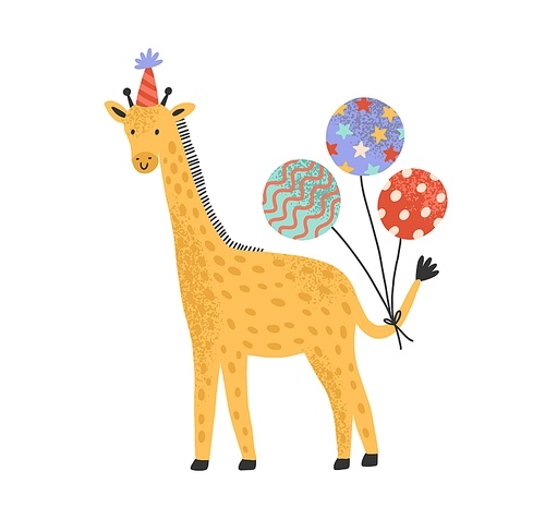 Cute giraffe in holiday cap hold bright festive balloons. Flat vector cartoon childish illustration for birthday party. Funny animal character isolated on white .