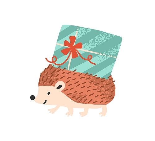 Cute hedgehog carry present or gift box for birthday party. Flat vector cartoon childish illustration of funny animal character isolated on white .